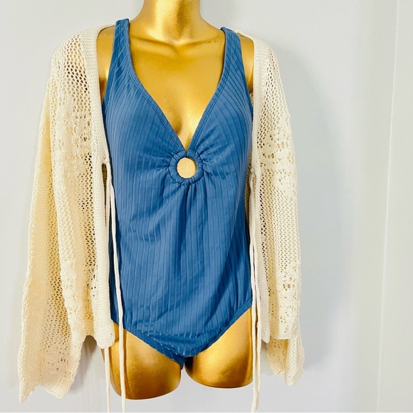 Kona Sol sage Blue ribbed cut out one piece Swimsuit - Picture 1 of 5